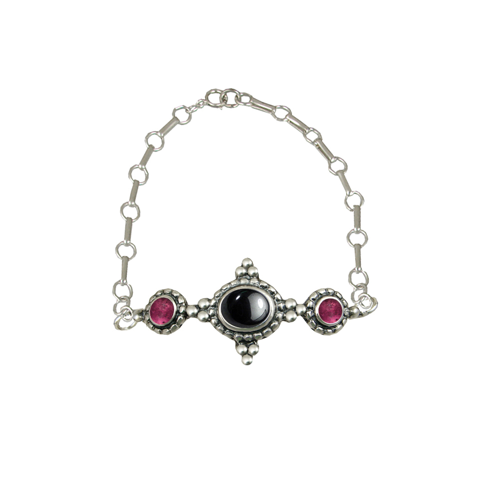 Sterling Silver Gemstone Adjustable Chain Bracelet With Hematite And Pink Tourmaline